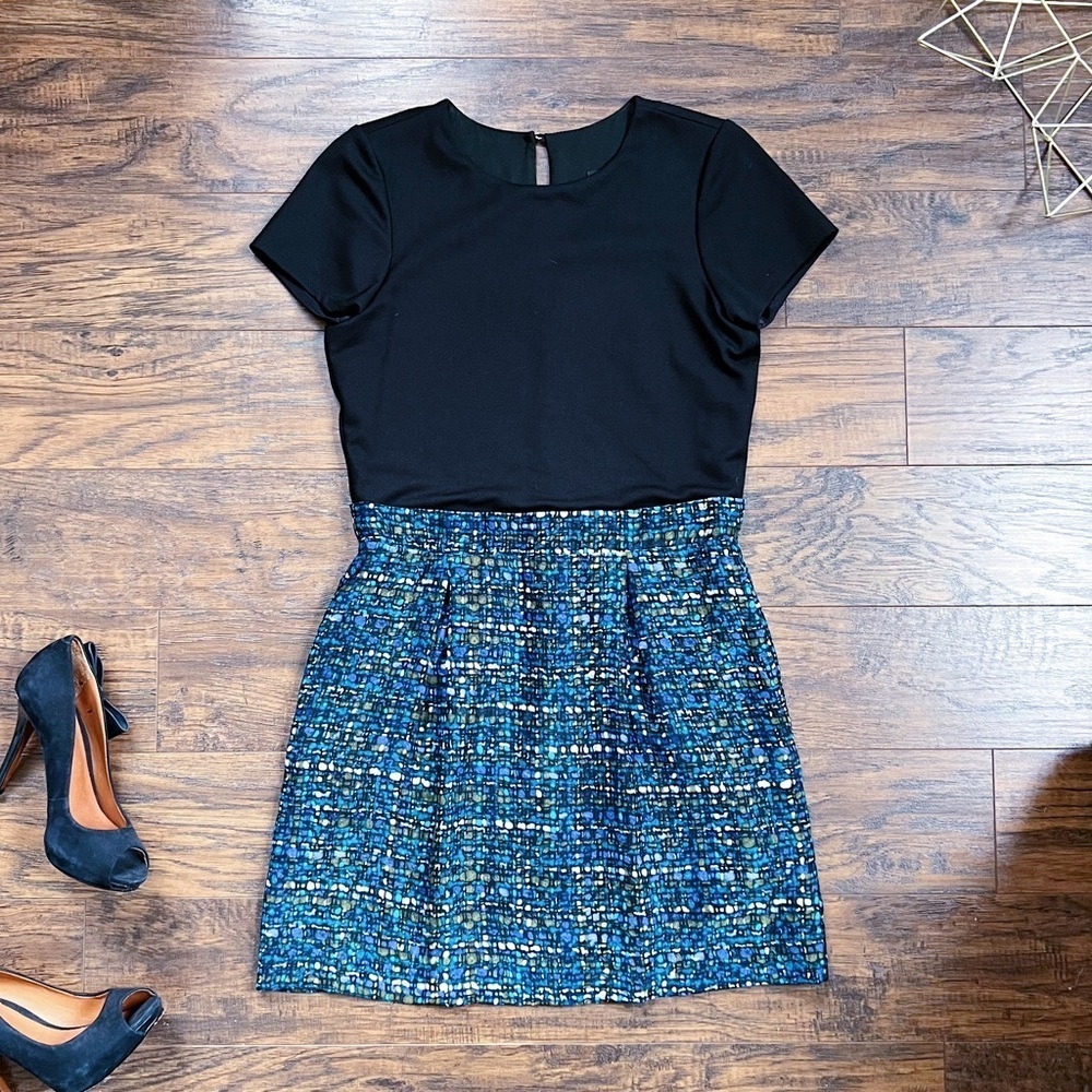 Alice & Trixie • silk tweed print mini dress black ponte pleated fit & flare